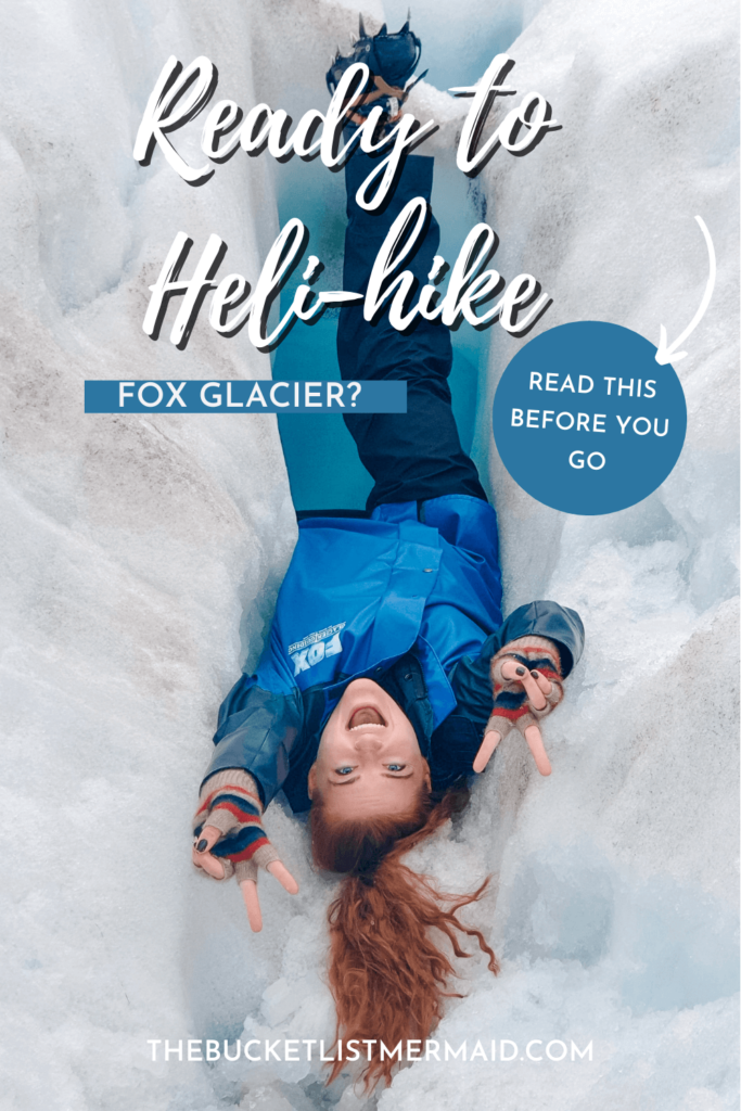 Pinterest Pin: Ready to heli-hike fox glacier? Read this before you go. A Red haired girl upside-down in an ice cave.