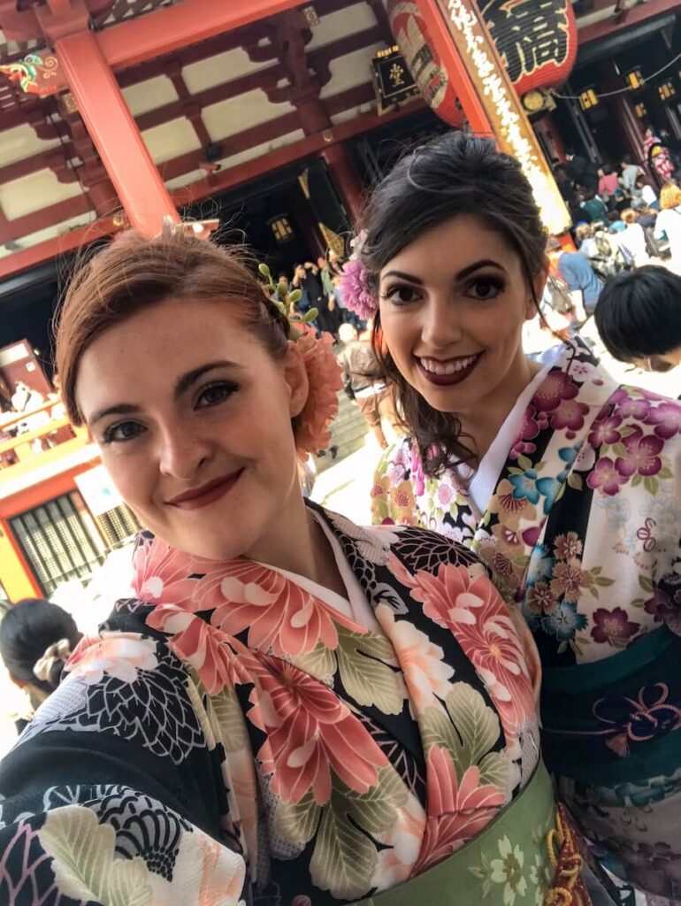 Two best friends in kimonos in Tokyo