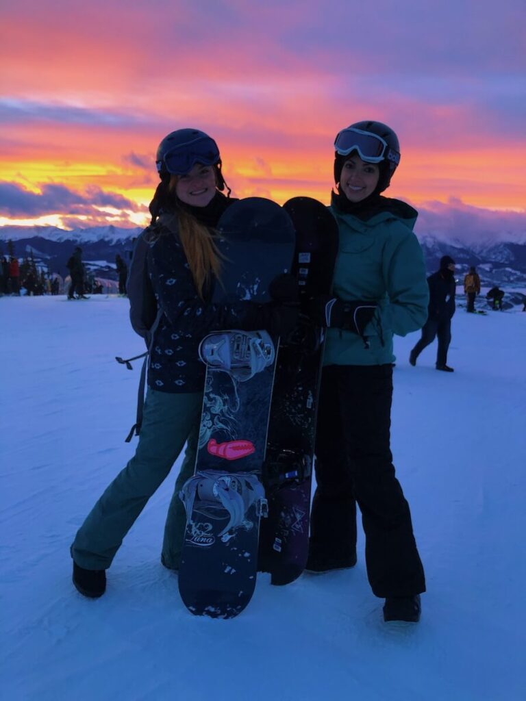 sunset with two best friends and a snowboard in Keystone, Colorado
