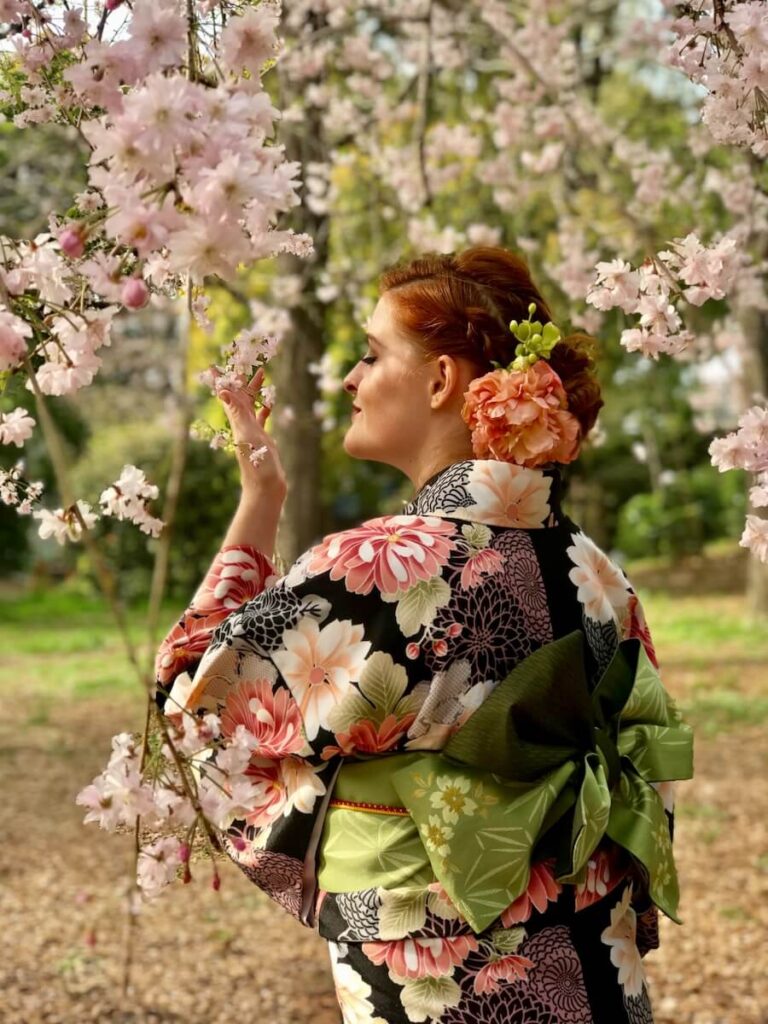 Cherry blossoms and girl in kimono in Tokyo, Japan