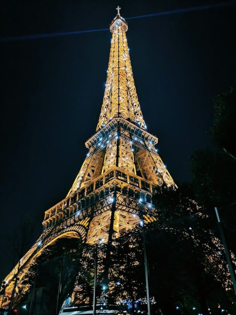 The Eiffel tower sparkling at night in France
