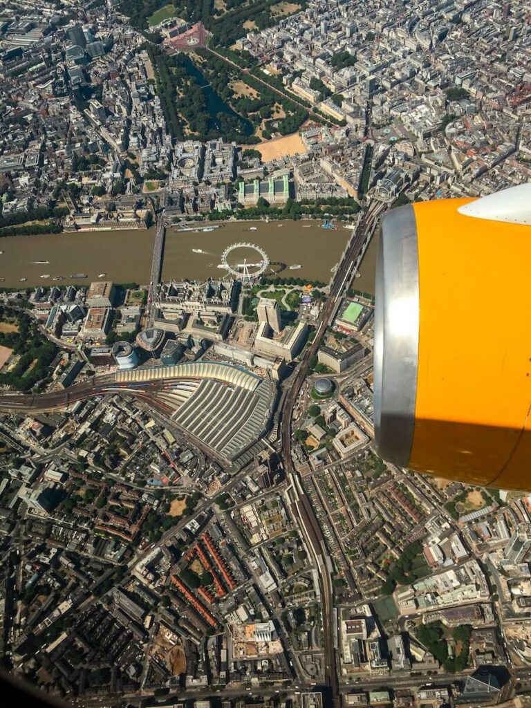 View of London from above in an airplane.