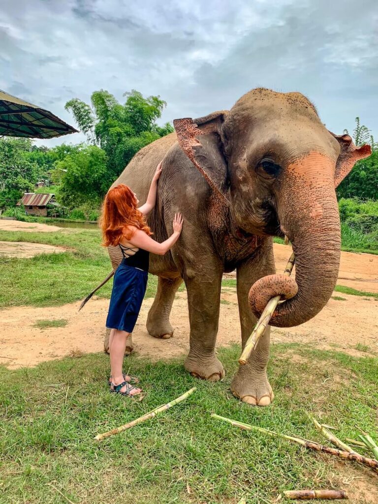 Red haired girl by elephant in Thailand