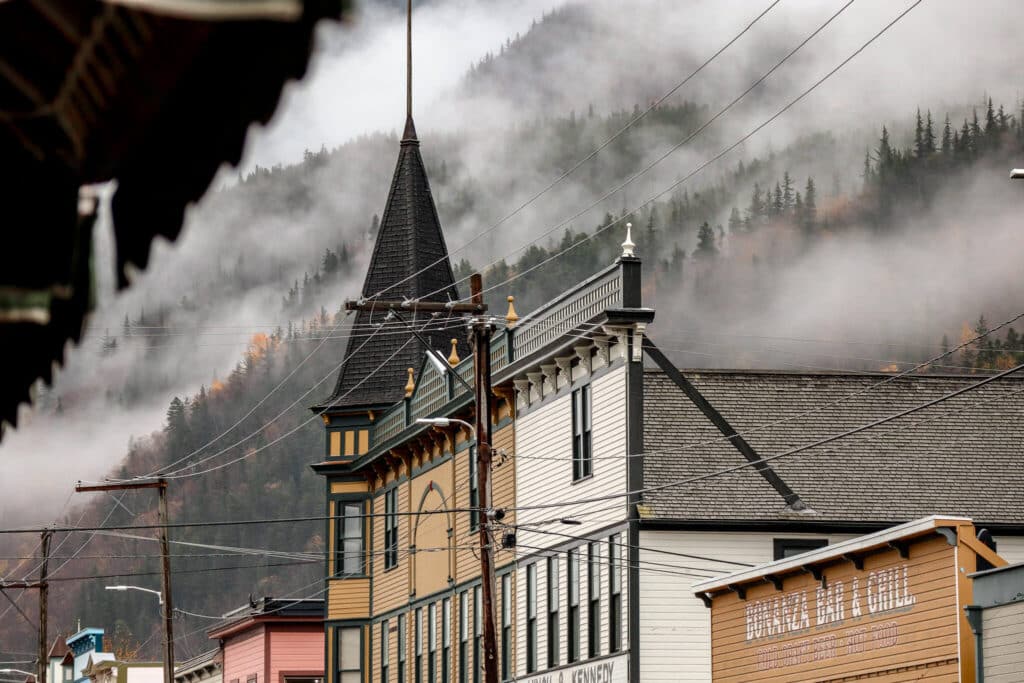 Street view with fog in the mountains in Alaska on an Alaskan cruise