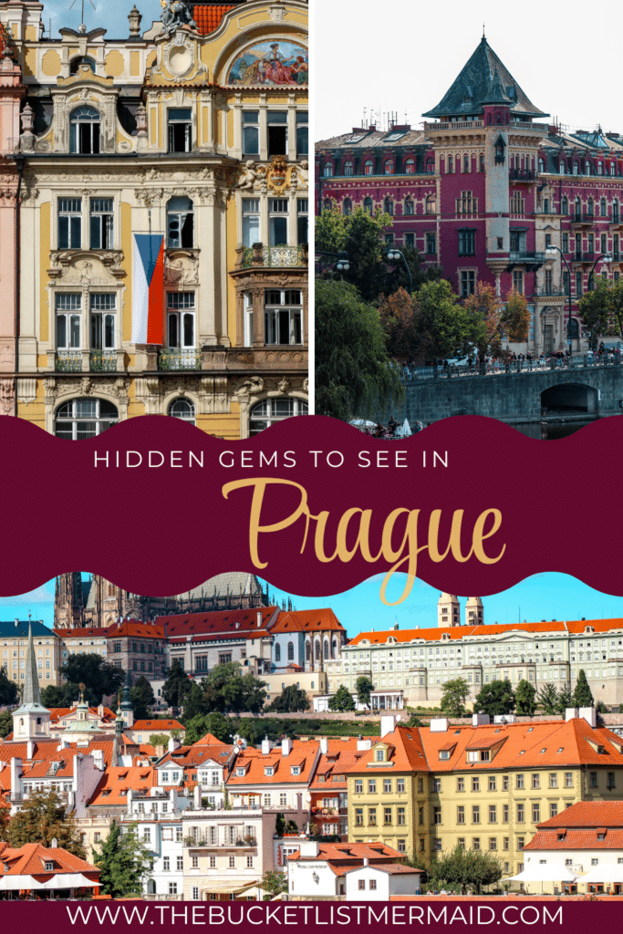 Pinterest pin for hidden gems to do in Prague. Three pictures with banner showing Prague landscapes