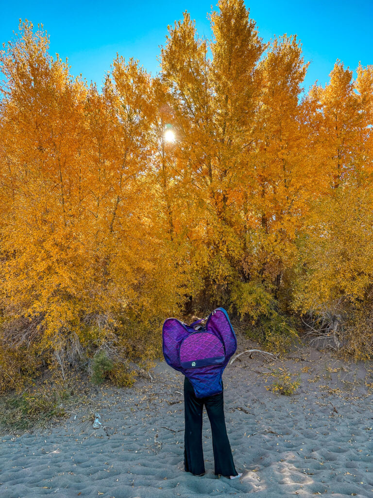 A girl standing in front of yellow trees with a purple mermaid tail bag conquering her fall bucket list.