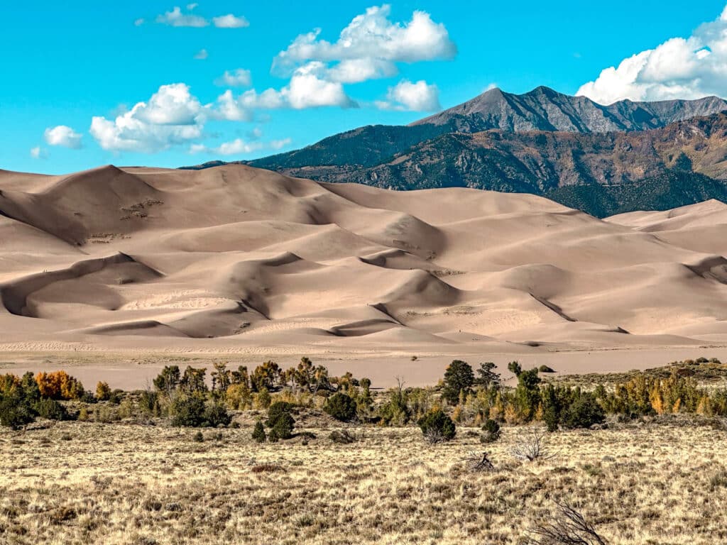 A view of the sand dunes and mountains while camping at the Great Sand Dunes