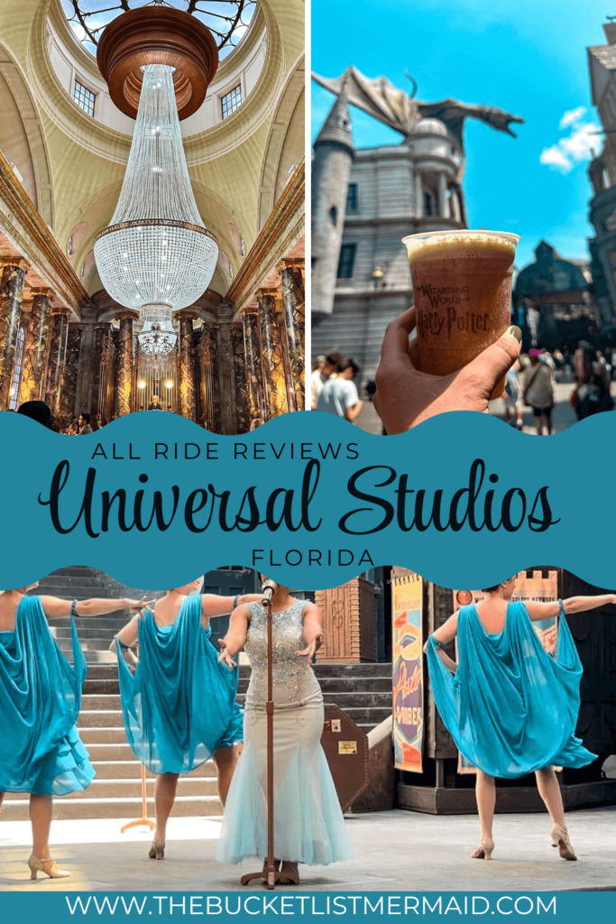 Pinterest Pin: All ride reviews Universal Studios Florida. Pictures are a chandilier inside Gringots Bank, Diagon Alley, and magical performers.