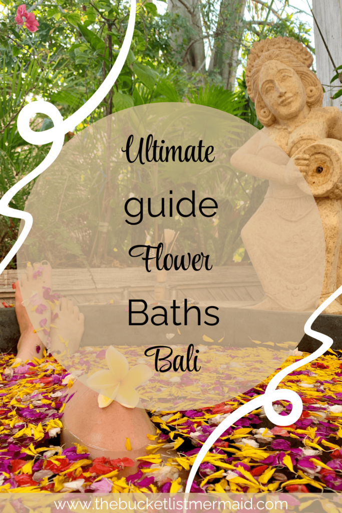 Pinterest Pin: ultimate guide flower baths Bali. A girl with a yellow and purple flower bath