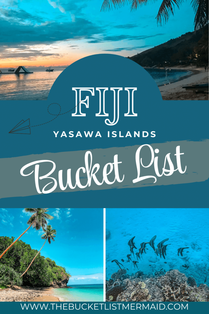 Pinterest pin: Fiji, Yasawa Islands Bucket List. A picture of a beach at sunset, two palm trees on the beach, and fish underwater in Fiji