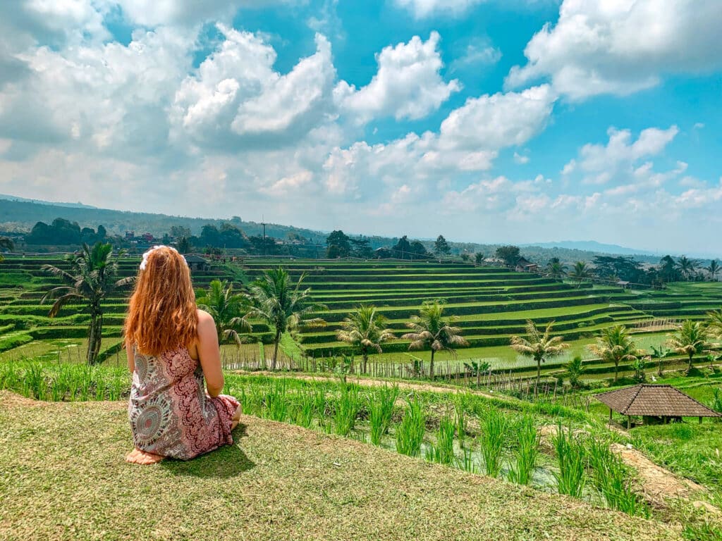 The Bucket List Mermaid overlooking the iconic rice terraces in Bali