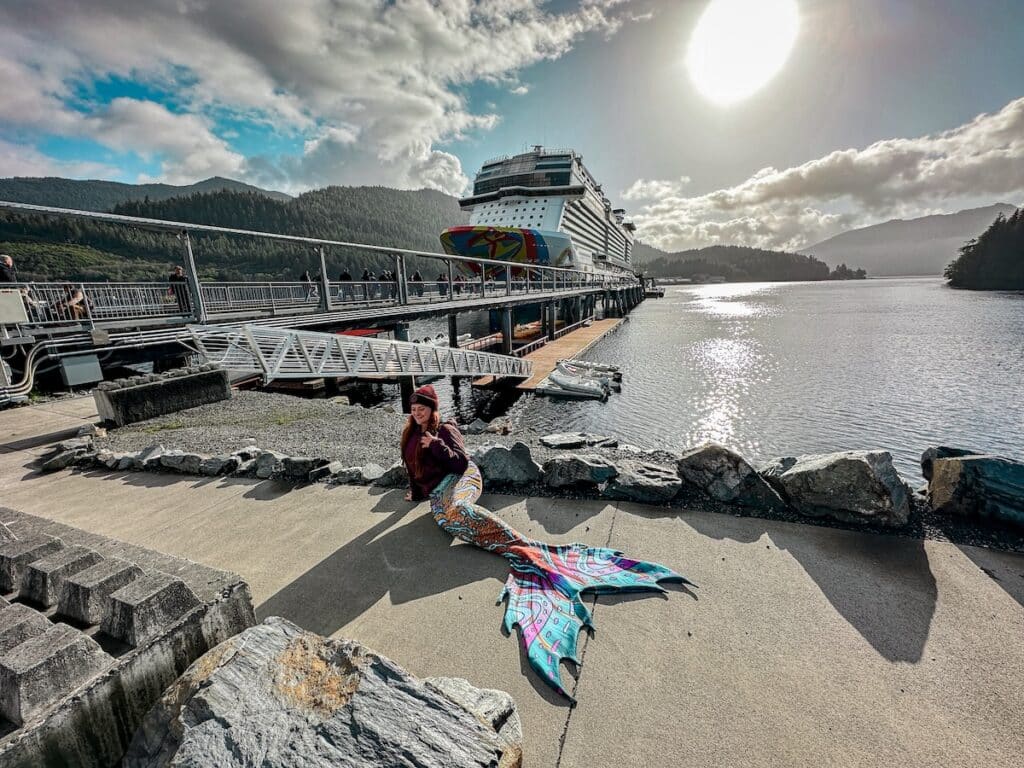 The Bucket List Mermaid and her mermaid tail in the port of Ketchikan while on an Alaskan cruise in October