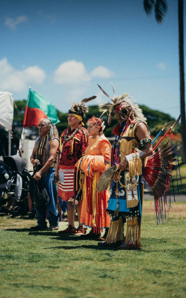 People in traditional native American clothing for a Pow Wow in the US