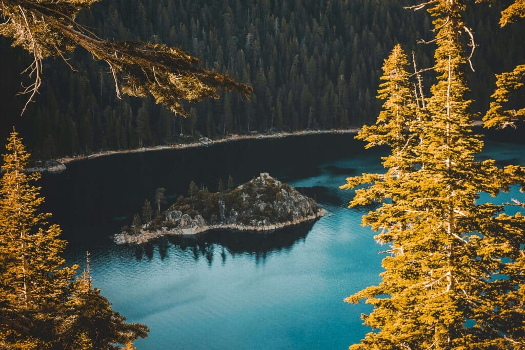 Views of lake Tahoe with yellow trees in October: a perfect addition to an October Bucket List