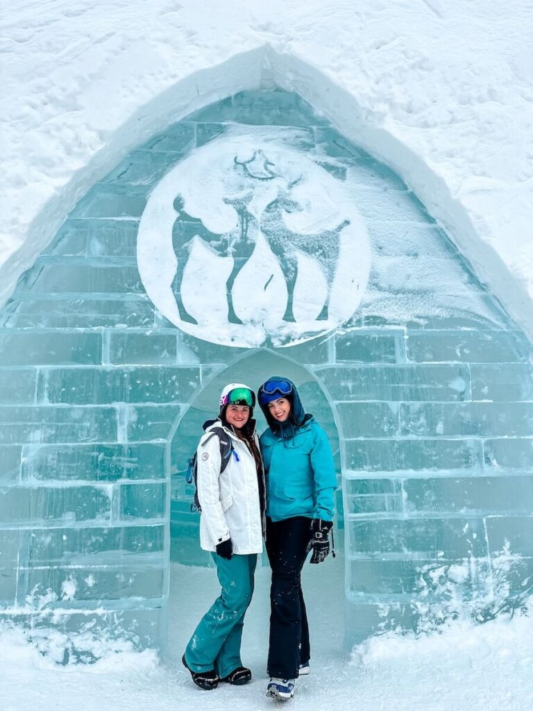 Two best friends at an ice castle in Keystone, Colorado