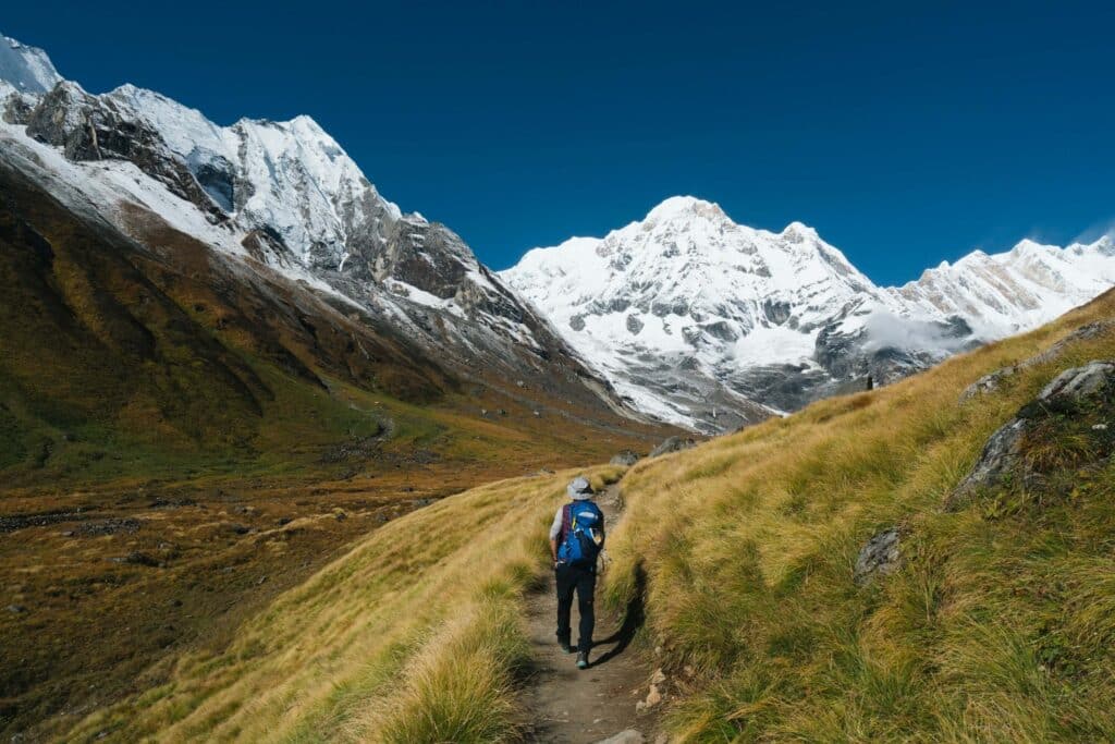 A hiker hiking the Annapurna Circuit in Nepal