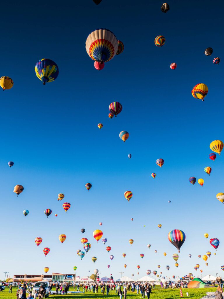 Several hot air balloons in the sky during the Albuquerque International Balloon Fiesta in New Mexico