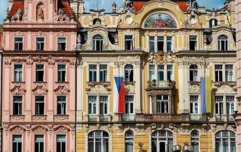 Pink and yellow old fashioned buildings found in Prague