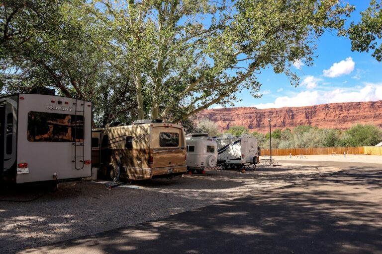 Shade and red rocks at an RV park near Moab, Utah