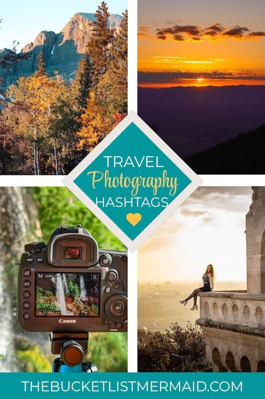 A pinterest pin showing four images of cameras and travel photography showing the best hashtags for travel photography