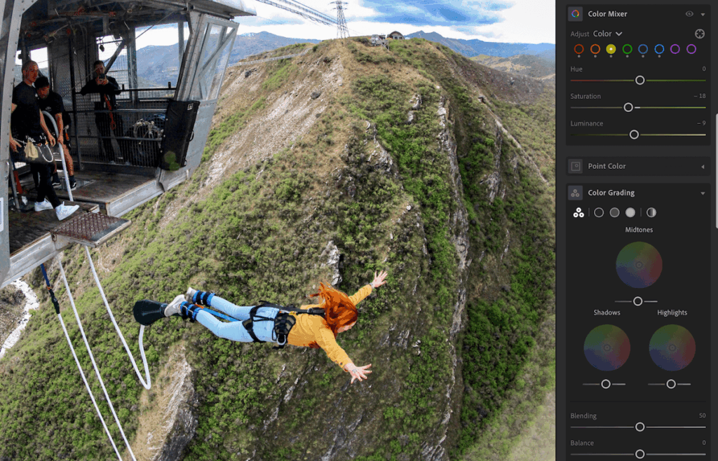 A red haired girl bungee jumping in new zealand with Lightroom editing slides on the right for how to edit adventure purposes.