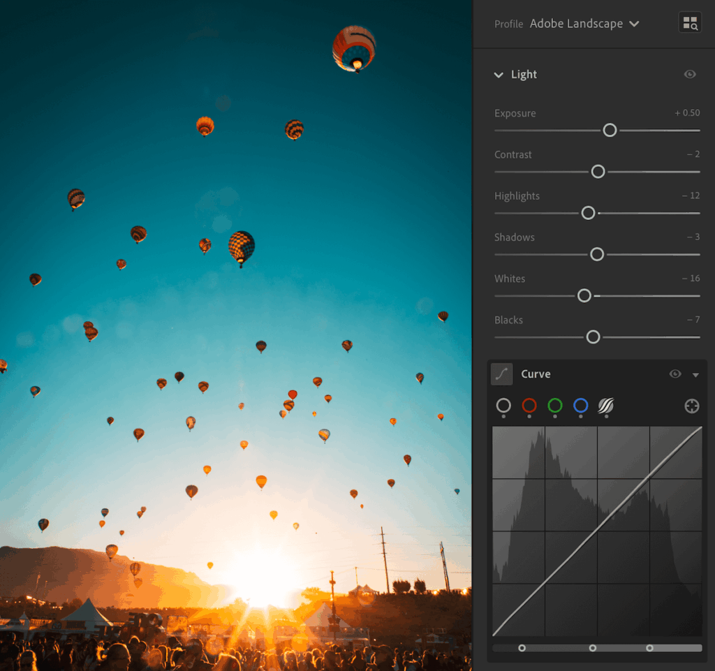 A shot of Albuquerque Balloon Fiesta with base corrections and a tone curve in Lighroom for an Adventure Editing guide