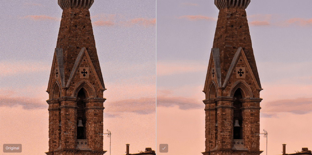 A before and after with the denoise feature on a building in Florence for how to edit adventure photos