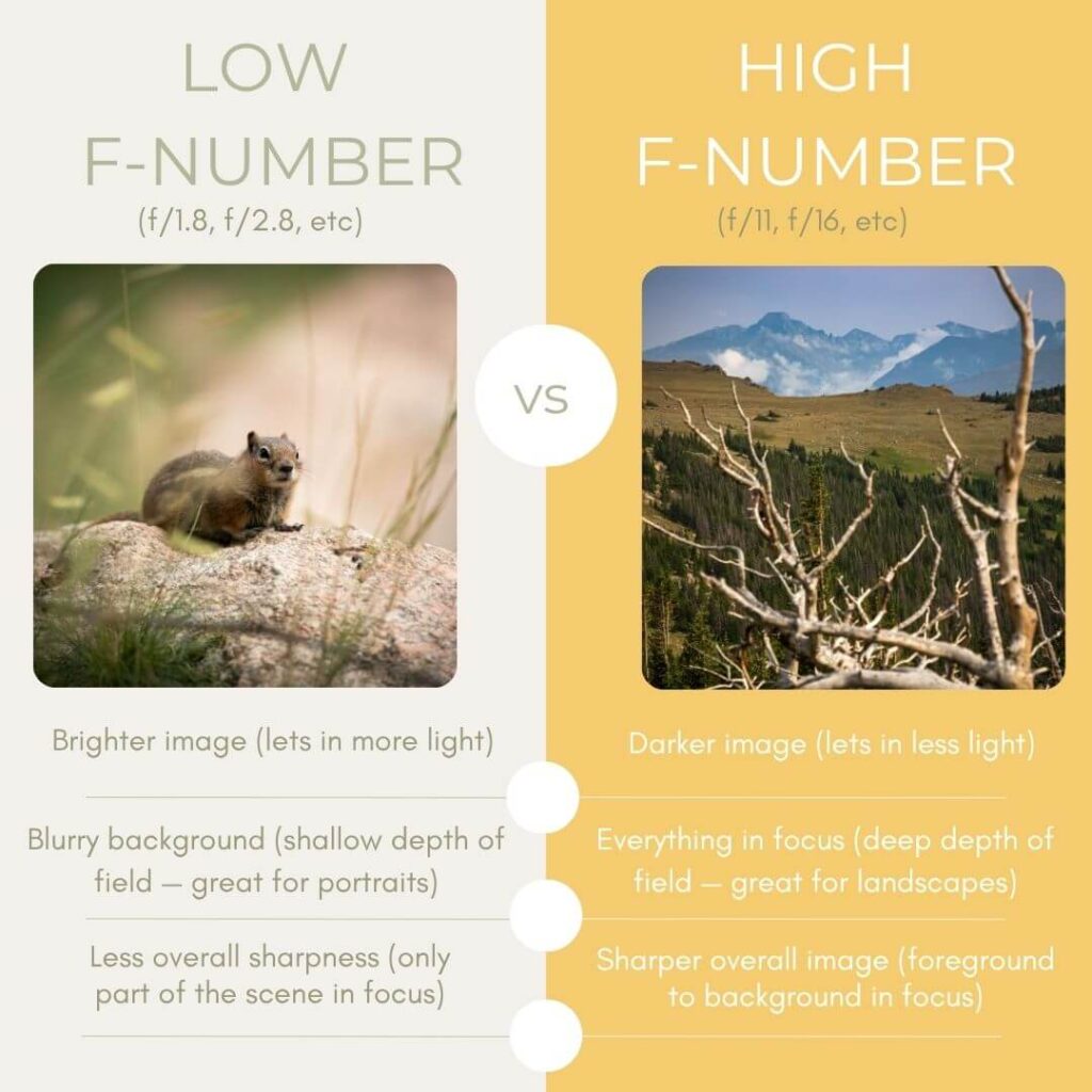Two columns explaining the difference in a high and low f-number for the exposure triangle in adventure photography
