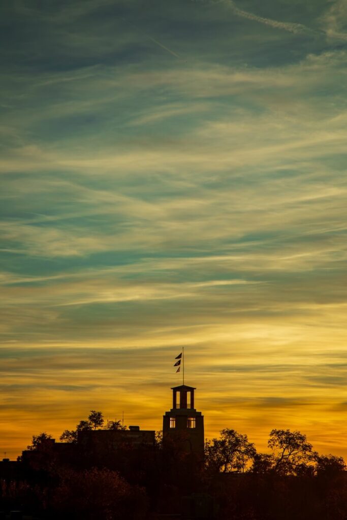 A sunset over Sante Fe, New Mexico from a rooftop bar.
