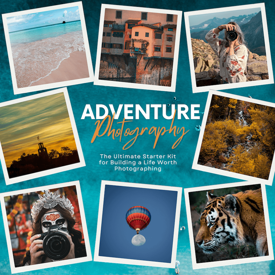 a collage of travel images with the text: adventure photography starter kit promoting a digital resource for adventure photography from start to finish